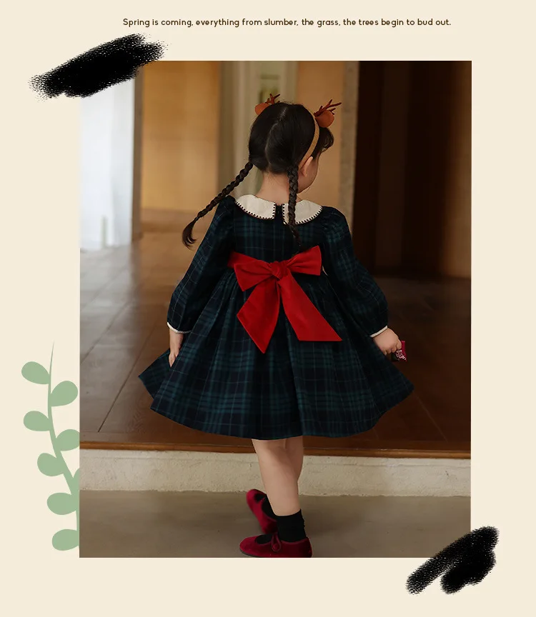 Bbay Girls Lolita Princess Plaid Dress Kids New Autumn Cute Doll Collar Long Sleeve Rabbit Embroidery Party Dresses y1077