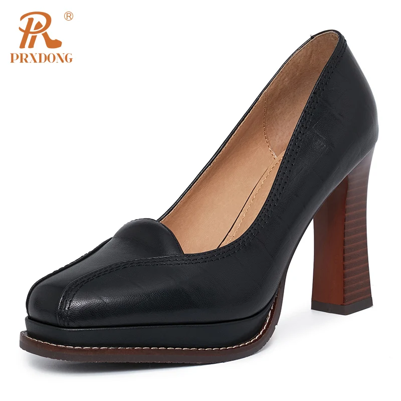 PRXDONG Women's Shoes New 2023 Classics Genuine Leather High Heels Platform Black Brown Dress Office Lady Retro Pumps Size 34-39