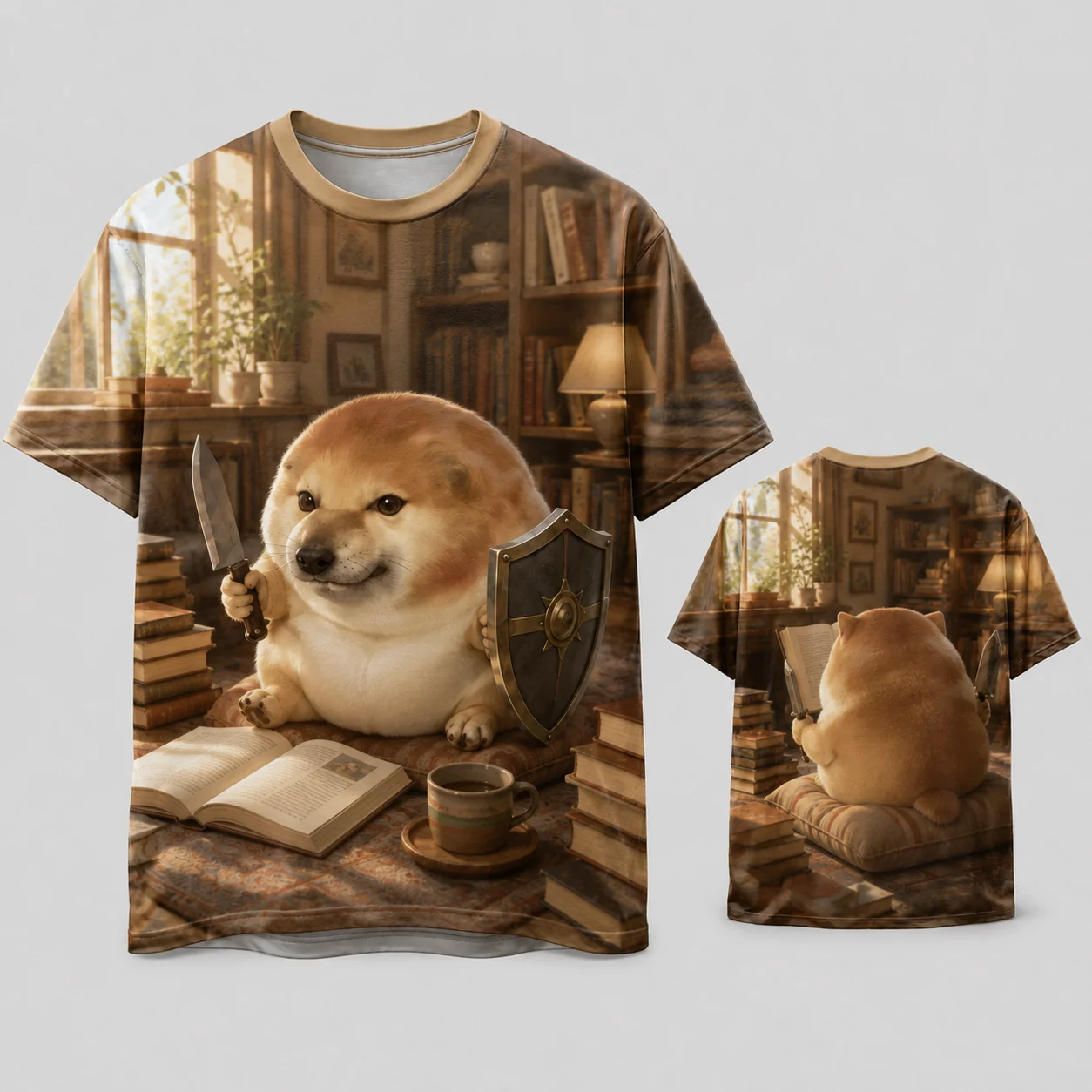 What the dog doing Funny Doge Coffee Cafe T Shirt Cute Shiba Inu Knife Shield Pastry Graphic Tee 3D Print Quick Dry Breathable
