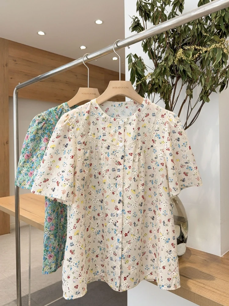 

Nuo Xiaola Authentic Spring 2026 Floral Embroidery round Neck Shirt Brand Island Women's Cotton Sweet Style Straight Tube Shirt