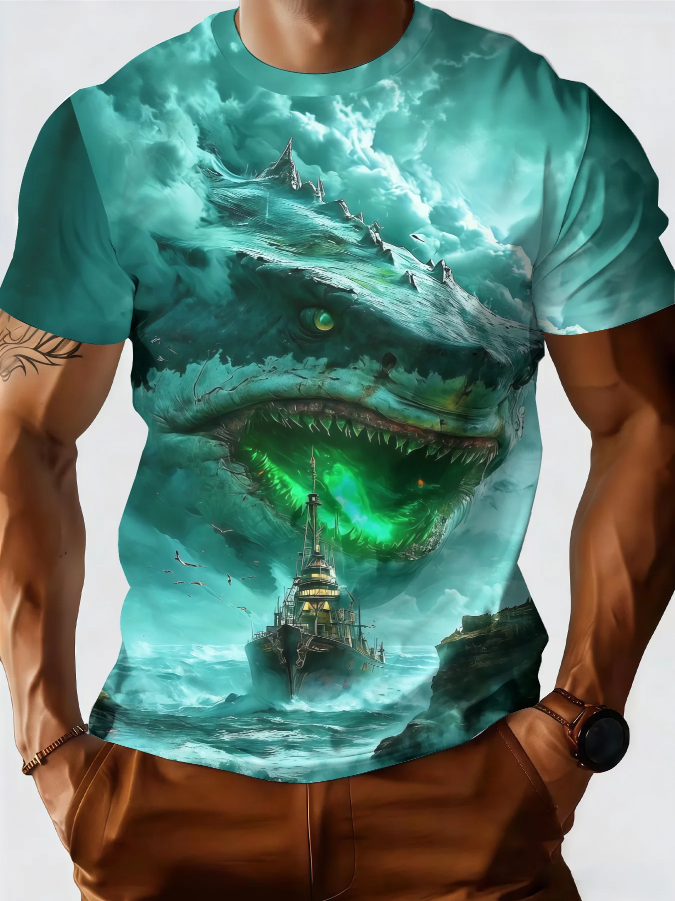 Men's 3D Giant Sea Monster Warship Print T-Shirt Ocean Storm Crew Neck Short Sleeve Horror Graphic Casual Tee Tops