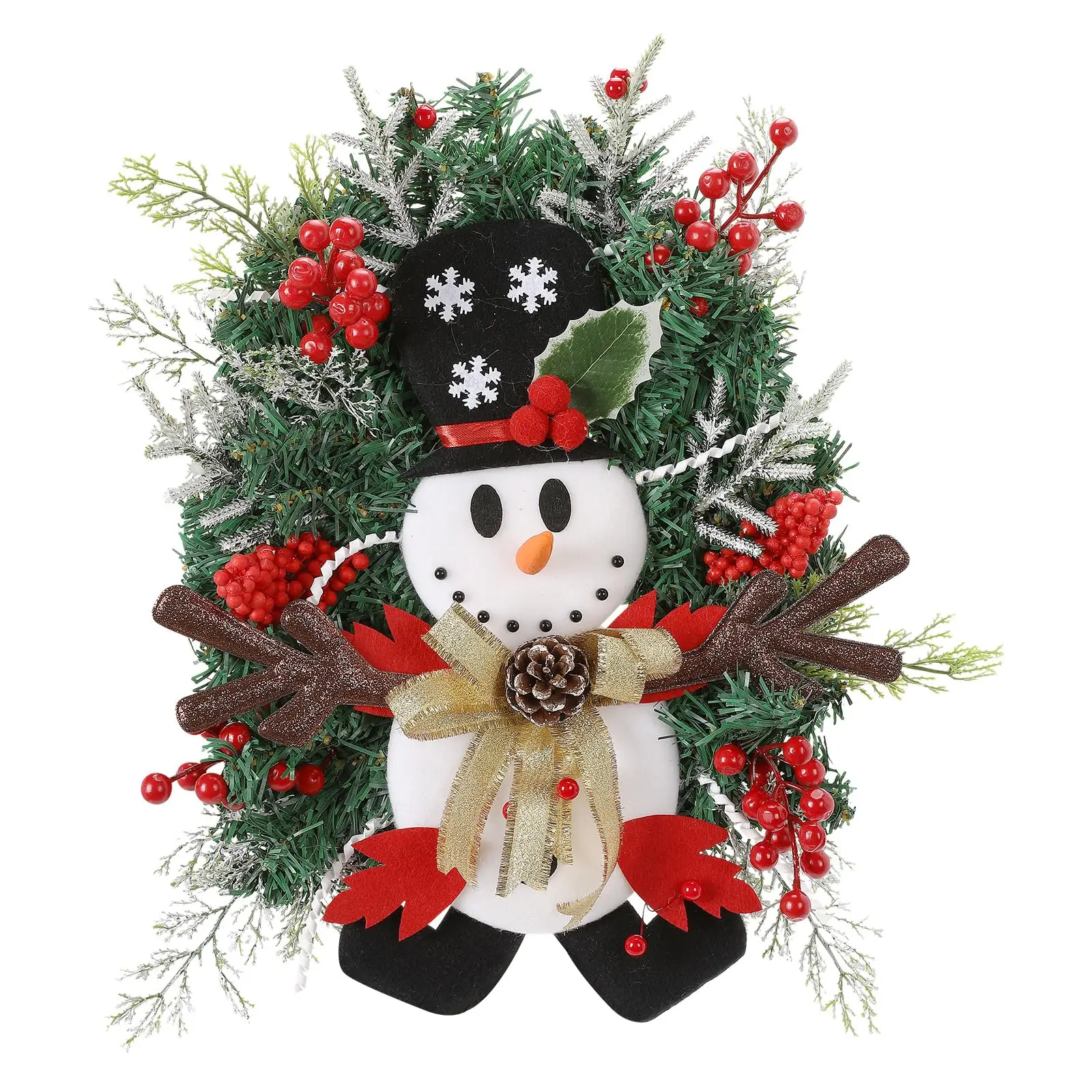 

Snowman Christmas Wreath Artificial Front Door Garland Red Berries Pine Branches Hanging Decorations for Home Wall Window