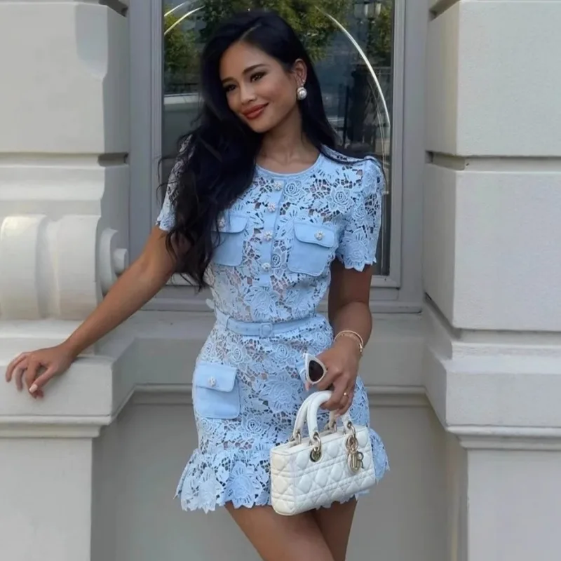 European American Retro Court Style Light Blue Heavy Lace Slim and Thin Round Neck Short Dress Is Popular Temperament Commuting