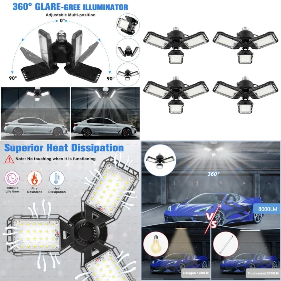 LED Garage Lights Bulb -80W, 000LM 6500K Led Shop Light with Deformable, Basement Barn Light Garage Ceiling Lights, E26/E27 for