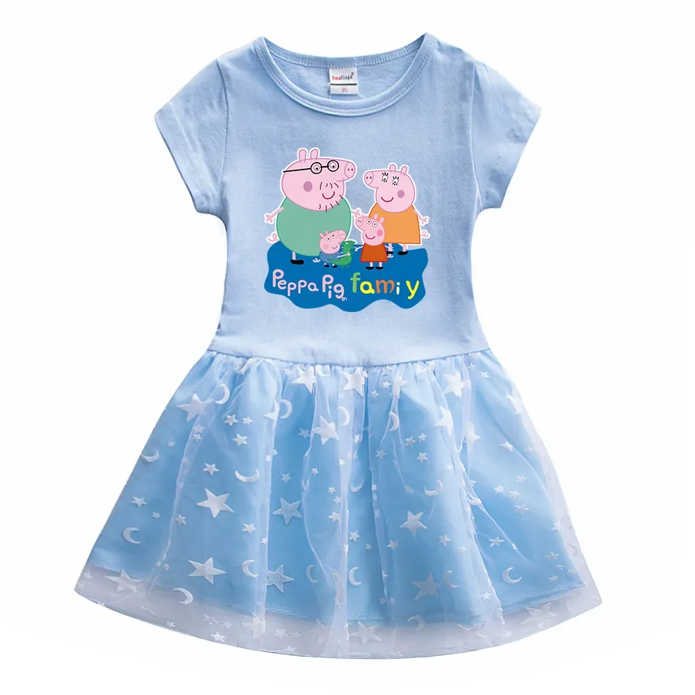 Vestido de princesa de manga corta de Peppa Pig, muñeca de actividad, juguete, familia de cerdos, patrón de dibujos animados, regalo de verano para