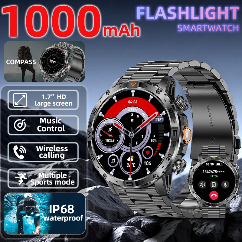 

LIGE 2025 Smart Watch Men 1000mAh Large Capacity Battery Outdoor Flashlight Bluetooth Call Waterproof Sport Fitness Smartwatch
