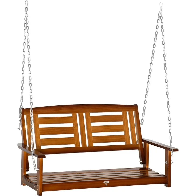 

2 Person Front Porch Swing, Hanging Patio Swing, Outdoor Swing Bench with Pine Wood Frame and Hanging Chains for Garden and Yard