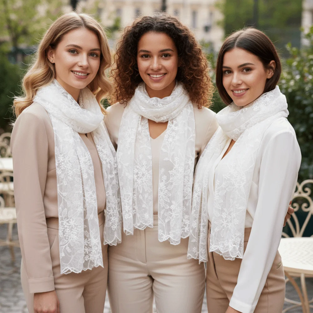 

Elegant Embroidered Flower Lace Scarf Breathable Mesh Long Sunscreen Shawl Lightweight Female Headscarf Spring