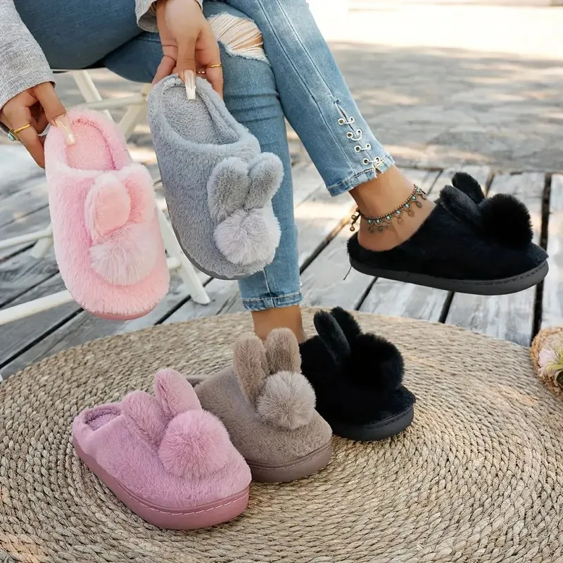

Удобные милые женские зимние тапочки с кроликом, домашняя обувь из мягкого плюша с помпонами, моющаяся тканевая резиновая подошва