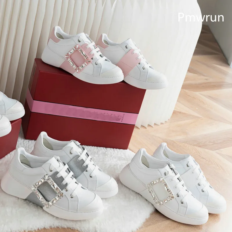 2024 new lace-up side square rhinestones with thick bottom color matching casual small white shoes sneakers