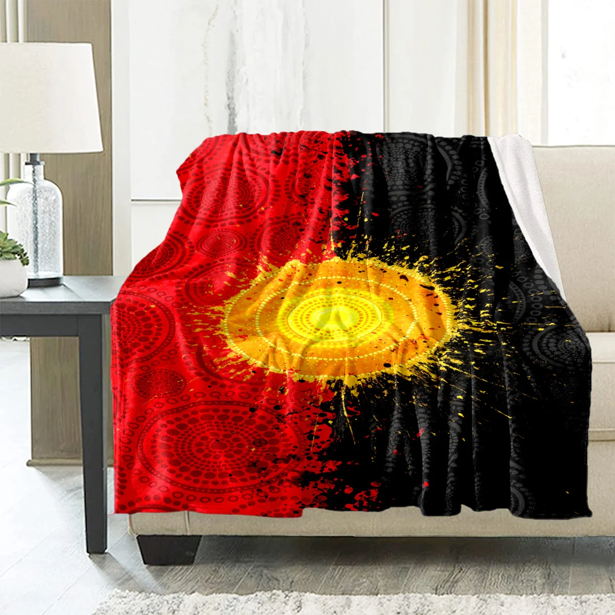 

Vibrant Flag Sun Design Flannel Blanket - Cozy, Warm & Soft Polyester Throw for Couch, Bed, Office, and Camping Bold Red, Black