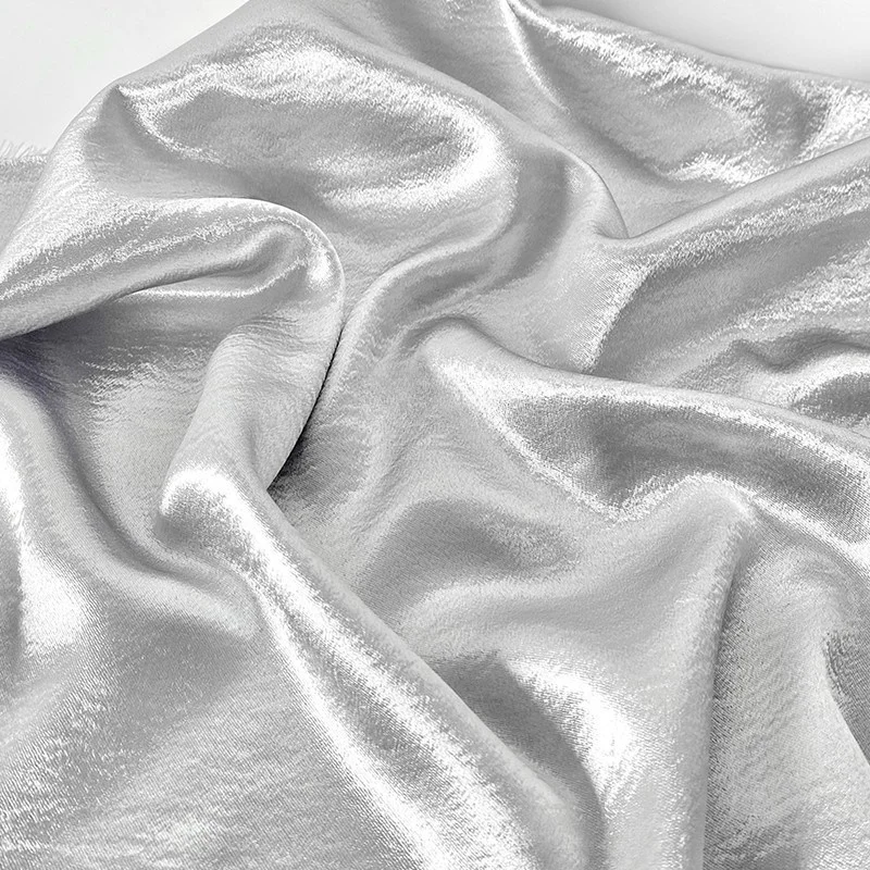 Silver Water Ripple Elastic Anti-Wrinkle Glossy Drape Cambric Satin Designer Fabric