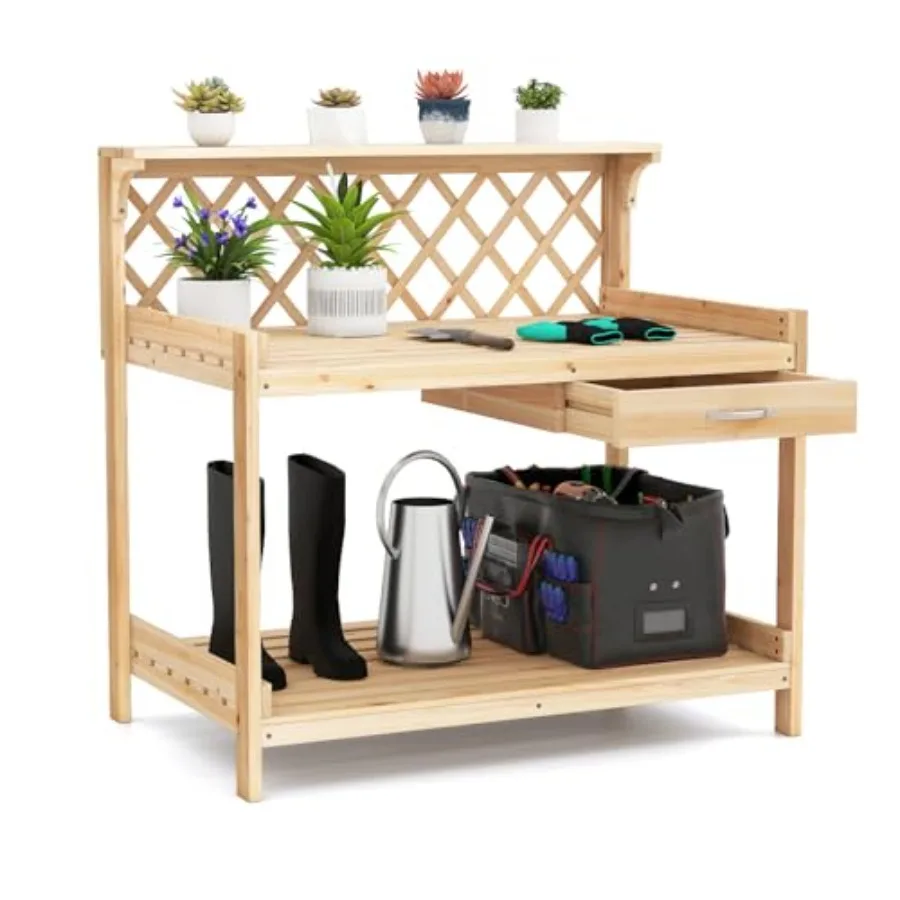 

Potting Bench, Wood Potting Table with 3-Tier Shelves, 1 Drawer, Outdoor Wooden Workbench w/Lattice Trellis, Indoor Outdoor Pla