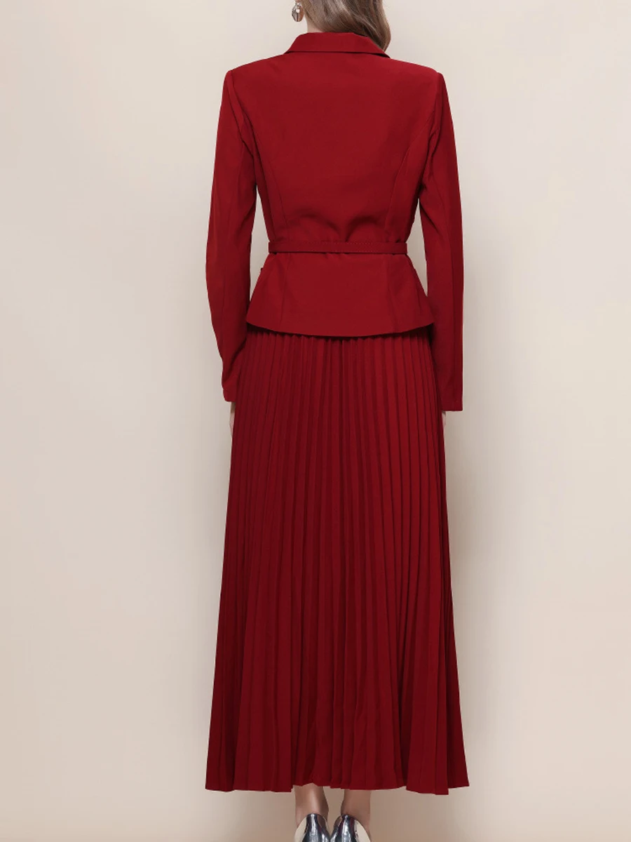 Vgh emagrecimento sólido conjuntos de duas peças para mulheres com decote em v manga longa superior cintura alta saia drapeada casual conjunto de viagem moda feminina nova