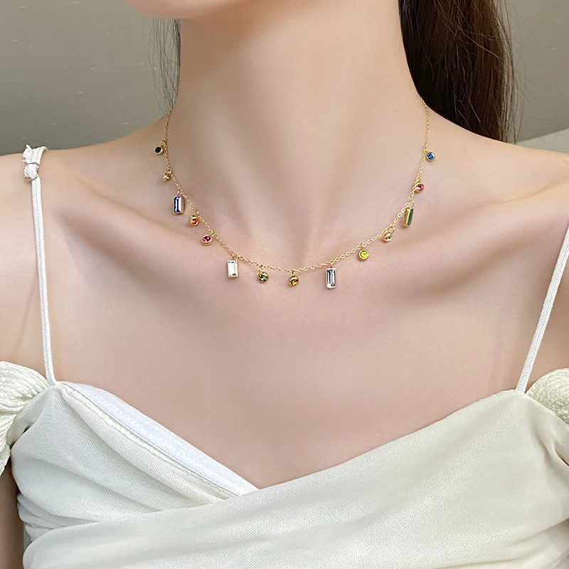 Leichter, luxuriöser Edelstahl, bunter Zirkon, Dopamin, kurze Kragenkette, 2025, farbloser Schmuck für Damen-Halsketten-Zubehör – Detail 9