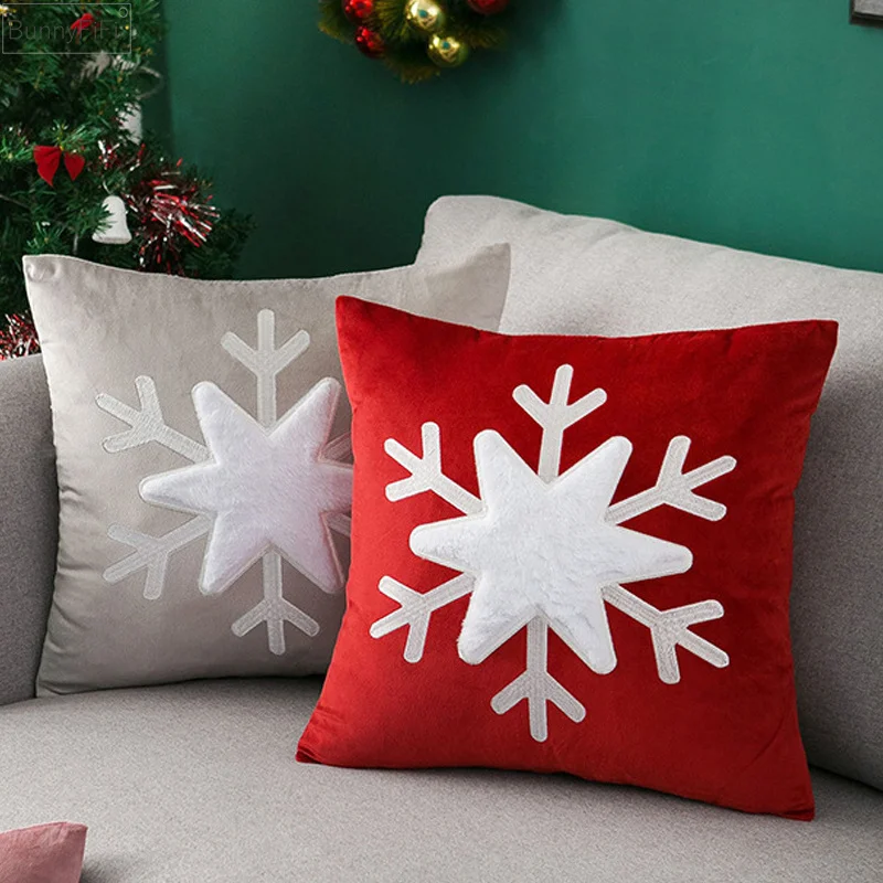 Cover X‘max Decoration Cushion Snowflake Pillow Case Red Pink Grey Velvet Square Embroidery Pillow Cover 45x45cm