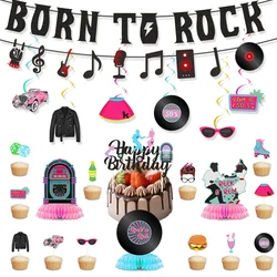 1950s Born To Rock Theme Banner Cake Topper Music Notes Spiral Swirl Rock and Roll Honeycomb Ornaments for Birthday Party Decor