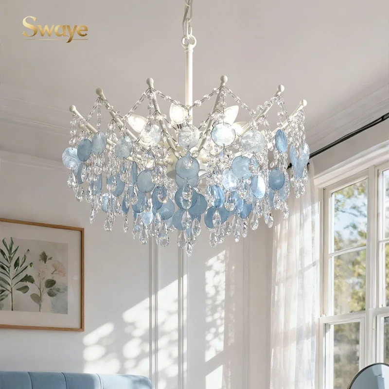 French Luxury LED Pendant Lights Blue White Natural Shell Crystal Chandelier Lamps for Romantic Living Dining Bedroom Home Decor