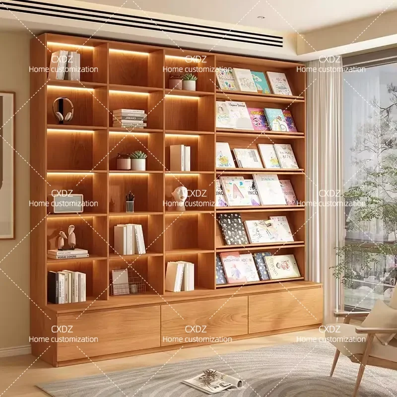 Oak Wall Bookcase with Integrated Bench and Top Shelf Full Wall Storage Unit Dustproof Cabinet for Living Room Home