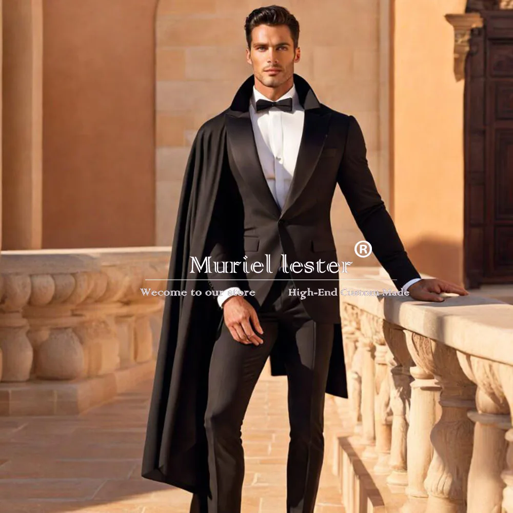 Ternos de casamento preto do noivo masculino com capa, traje sob medida, sparking formal banquete, baile Blazer, festa formal