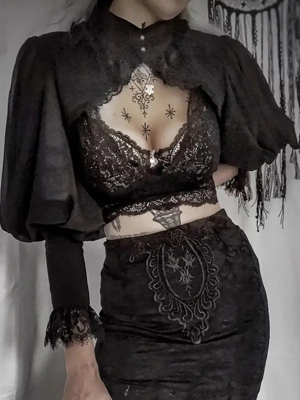 Bla Lace Abigail Gothic Tiller loween Women's Lolita Cardigan oulder awl Coat Ultra ort Length Nylon Long Sve