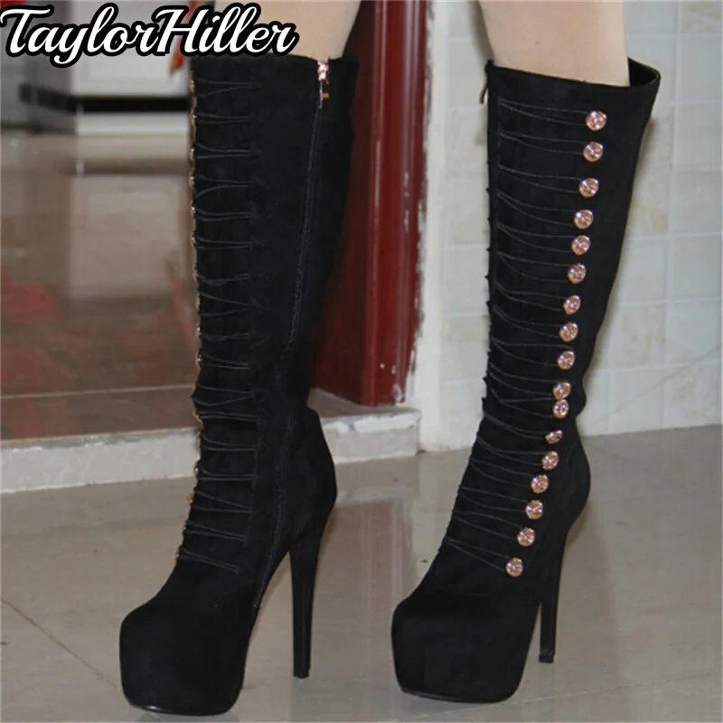 

Roman Style Furry Boots Suede Pointed Toe Knee-high Multi Buckles Winter Booties Wmen Button Moden Runway Long Shoes Plus Size