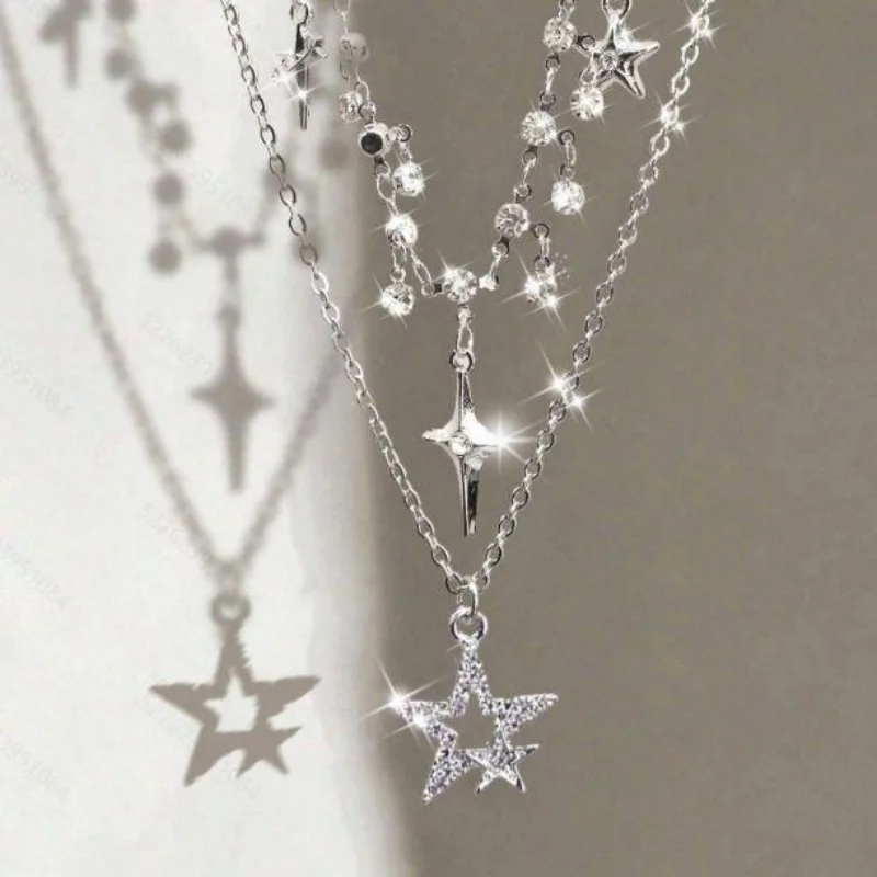 2Pcs Y2K Layered Star Necklace Set, Water Diamond Hollow Star and Four Corner Star Pendant Necklace, Women's Daily Jewelry