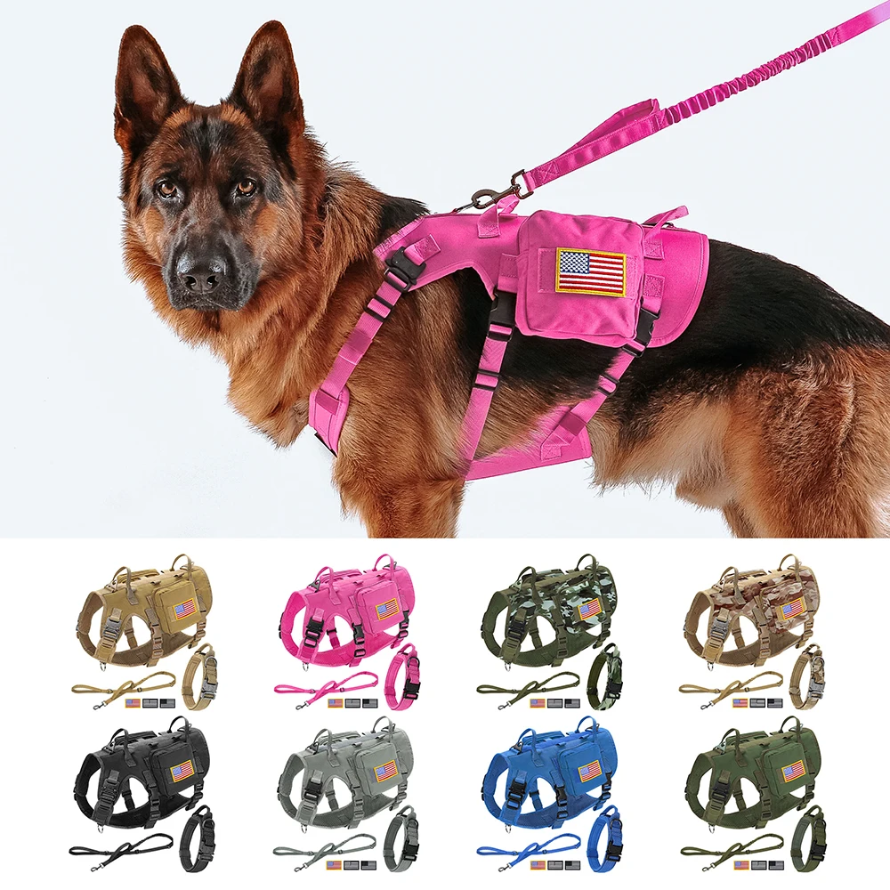 

5pcs/set Military Tactical Dog Harness Collar Leash with Pouches Flags Durable Dogs Training Harnesses Collar Leash Free Patches