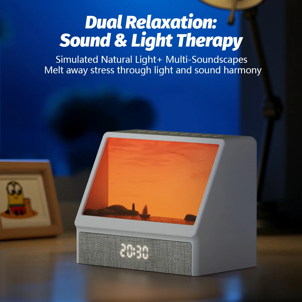 ลำโพงบลูทูธ Sunrise Wake Up Light พร้อมรีโมทคอนโทรล ปรับความสว่างได้ นาฬิกา LED เสียง White Noise ไฟกลางคืนสำหรับห้องนอน ของขวัญสำหรับเด็ก