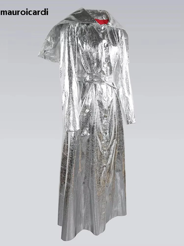 Mauroicardi Jesienny luksusowy elegancki złoty błyszczący płaszcz Maxi ze sztucznej skóry dla kobiet z kapturem Bardzo długa luksusowa designerska odzież