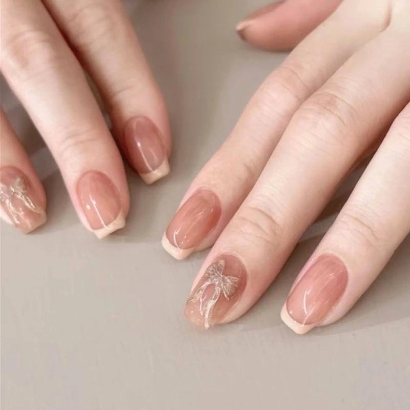 

Simple French Glitter 3D Ribbon Bowknot Wearable Nail Art Fashion Nude False Nails Detachable Finished Fake Nails Press on Nails