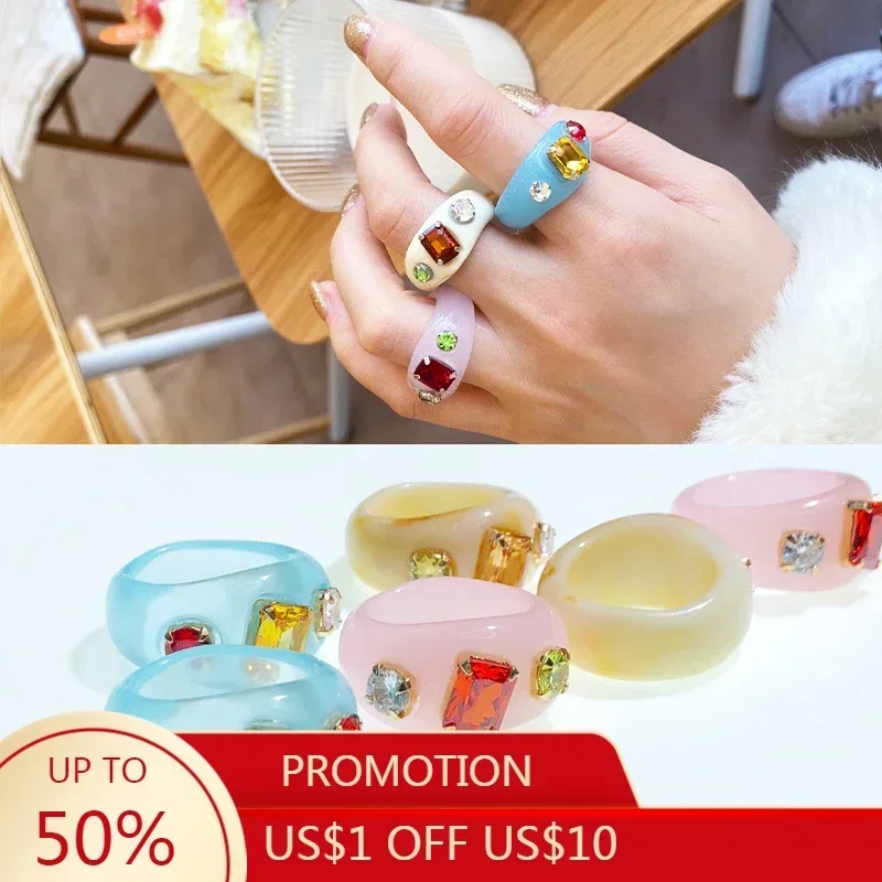 VIVILADY Colorful Resin Irregular Cartoon Ring Multiple Bear Acrylic Clear Heart Rhinestone Crystal Smile Geometry Flower Women