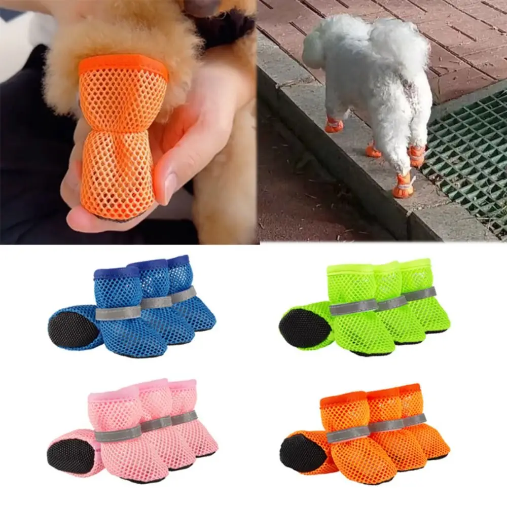 4pcs/set Breathable Dog Mesh Shoes Reflective Wear Resistant Pet Short Boots Non-slip Hollow Out Dog Shoes Summer