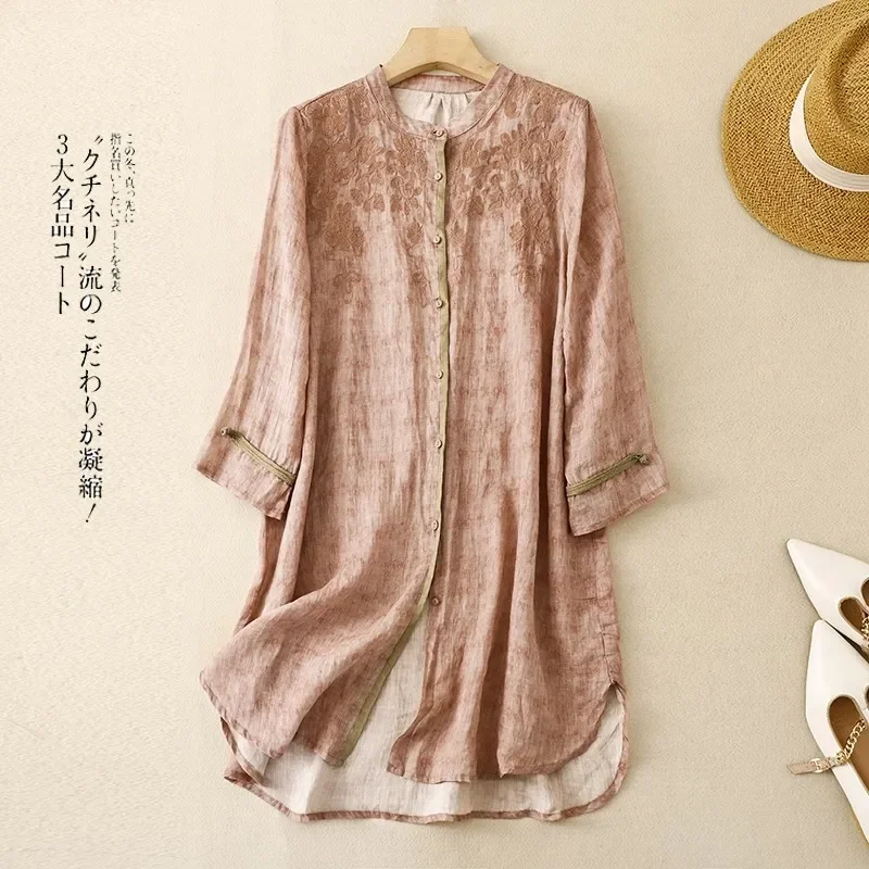

Women's Vintage Embroidered Linen Tunic Top Stand Collar 3/4 Sleeve Loose Sun Blouse