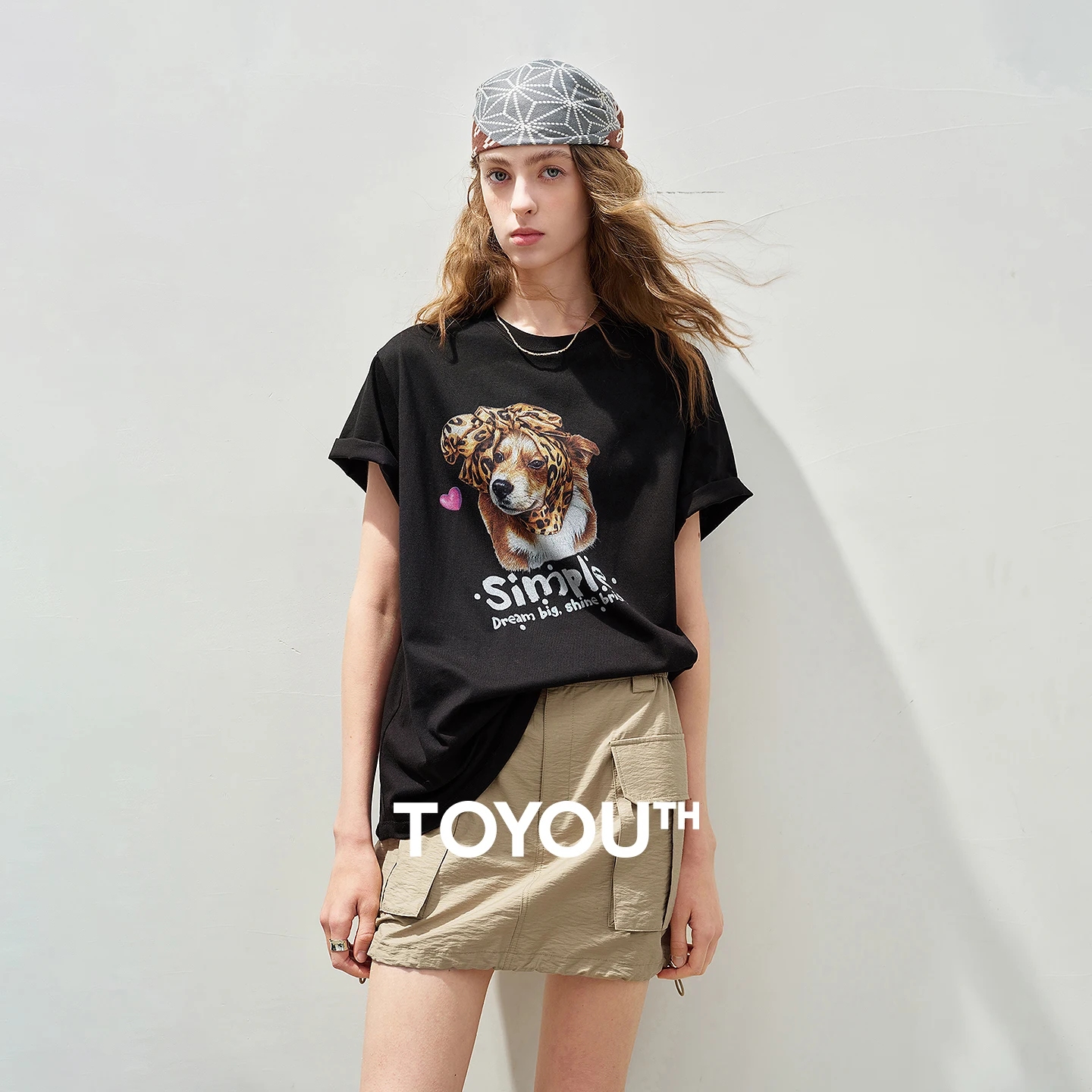 

Женская футболка TOYOUTH из чистого хлопка с коротким рукавом, весна 2026, новая, с круглым вырезом, свободного кроя, с антибактериальным покрытием 5А, с милым принтом собаки
