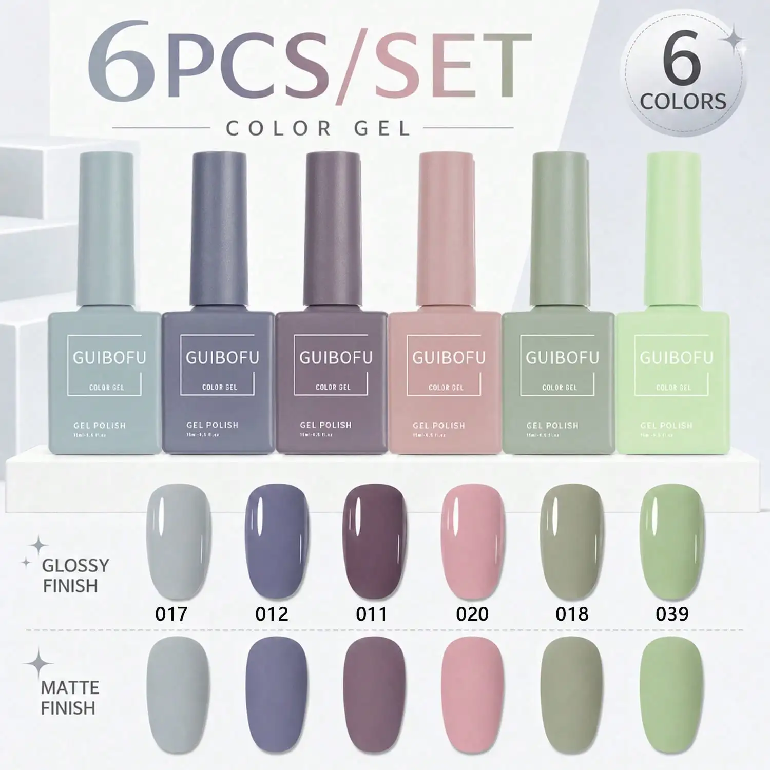 6Pcs 15ml Gel Polish Set,Cool Gray,Dusty Mauve,Soft Pink & Sage Green Shades,Solid Color Nail Gel For Manicure And DIY Nail Art