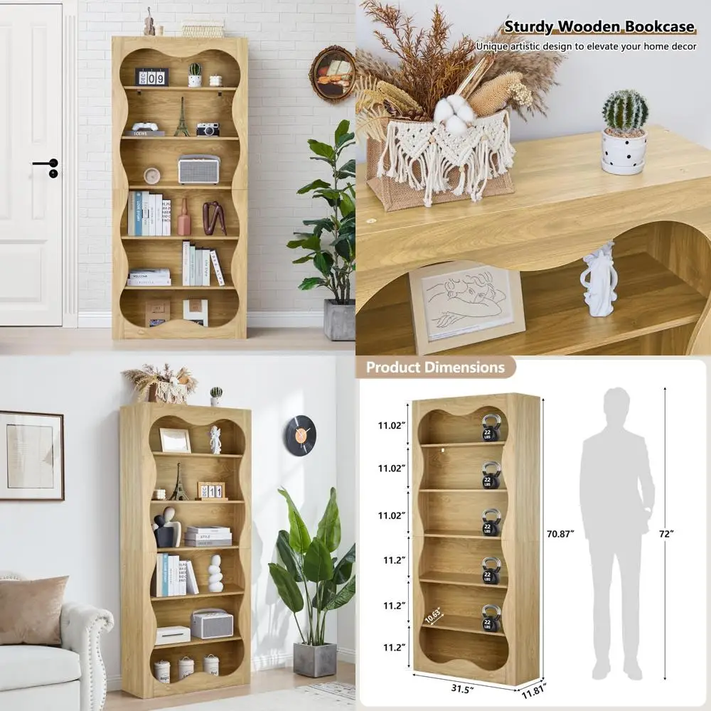 رف كتب خشبي كبير مكون من 6 طبقات - خزائن كتب حديثة طويلة للتخزين والعرض، حلول فريدة من نوعها لتخزين الكتب قائمة بذاتها