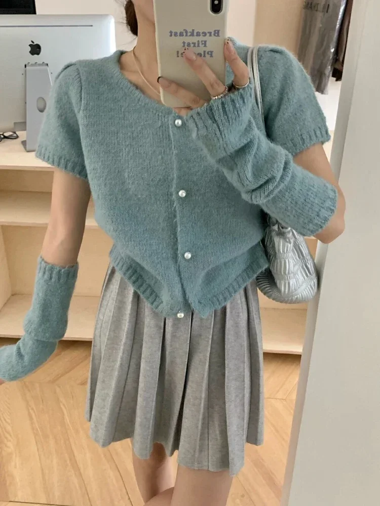 Minifaldas de moda coreana para mujer, Falda plisada de punto gruesa, estilo Preppy, Falda corta negra de cintura alta, Otoño Invierno