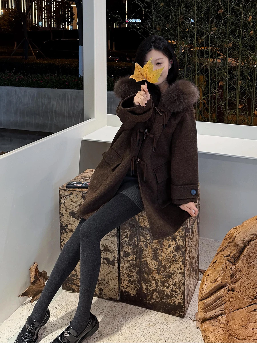 

Women's Fur Woolen Coat Winter New Sle Small Size Mid-Length Hooded Button-Up eep Camere Outerwear Korean Sle