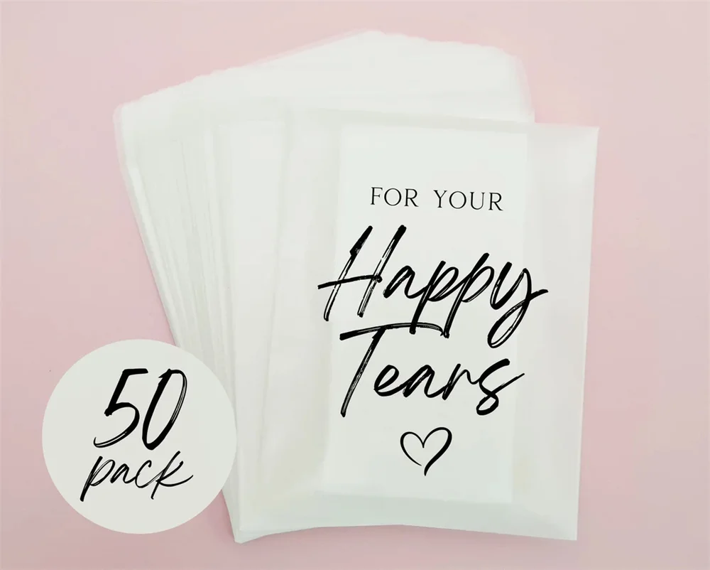 x50 For Your Happy Tears Wedding Tissues Packets 100% Biodegradable Glassine Bags - 50 pack - Wedding Supplies