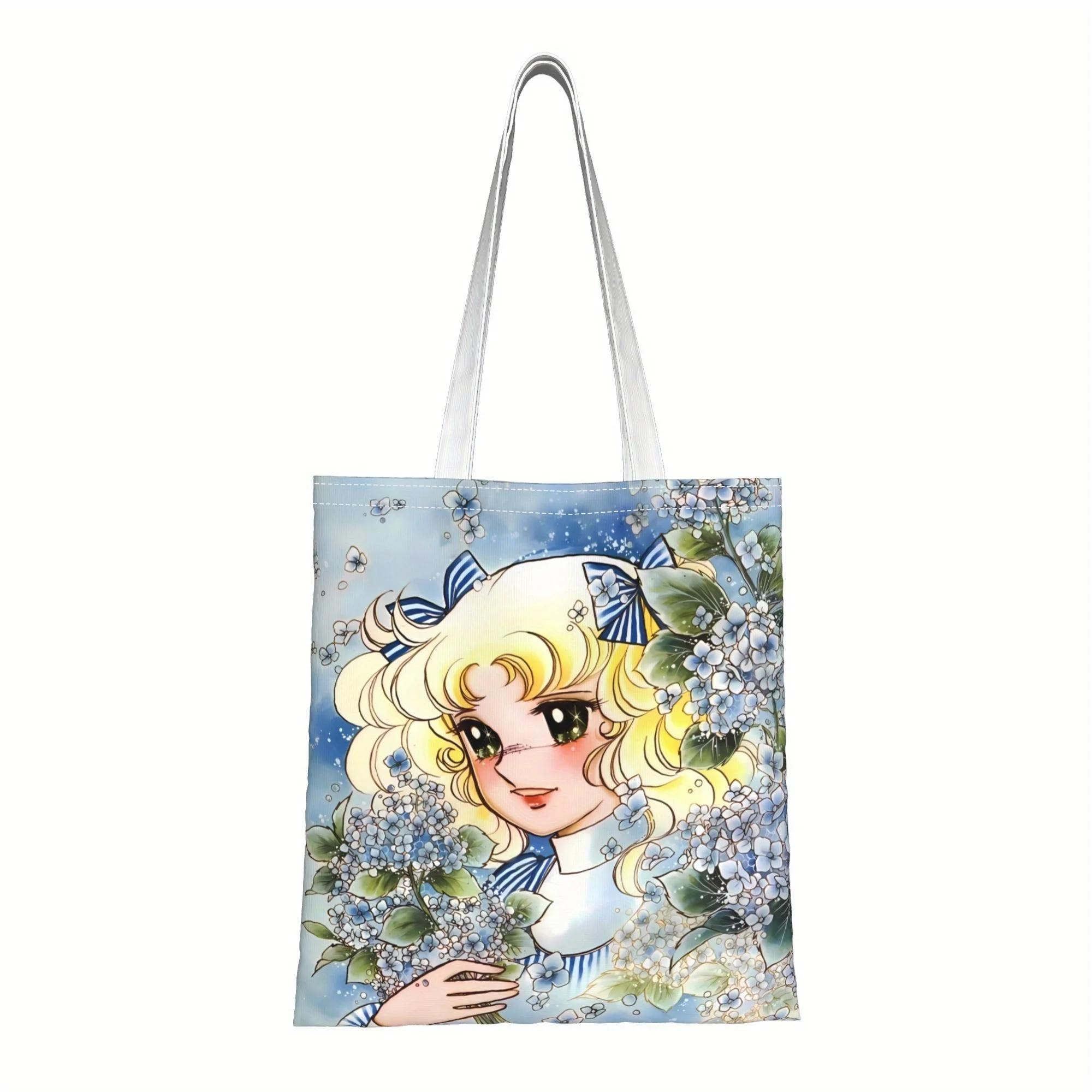 1pc Retro Manga Girl Hydrangea Themed Printed Tote Bag, Reus