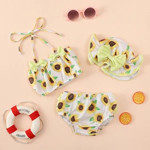 0-24m Summer New Baby Girl Three Piece Swim Big Flower Swim Lower and Sun Cap Set of Bikini 12 Main Sales Bikini Flower - №7