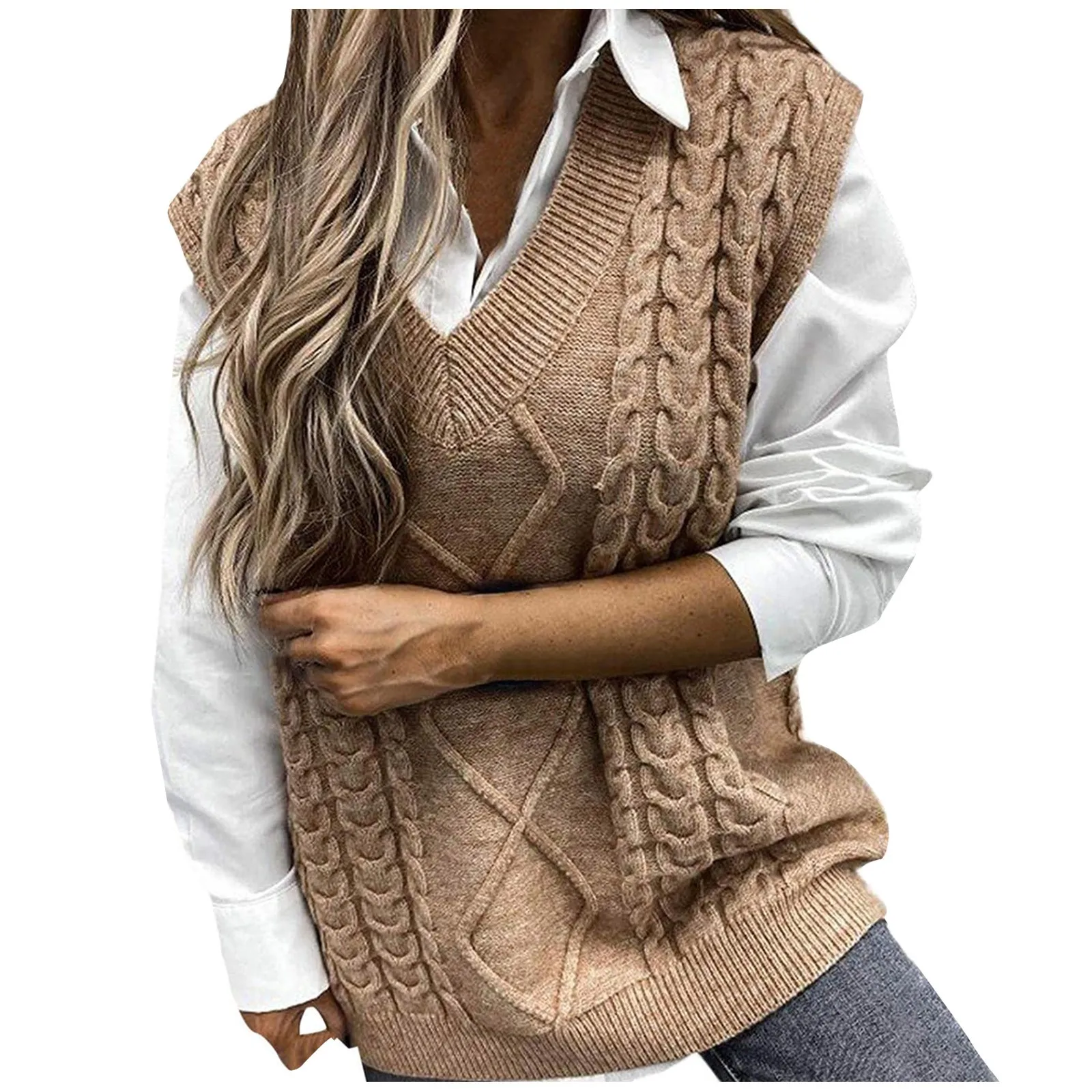 Women\'s Ladies Fashion Sweater Solid Color V-neck Sleeveless Dough Vest Sweater