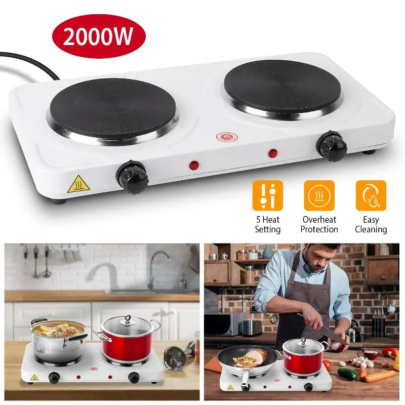Powerful 2000W Double Electric Burner - Portable Dual Countertop Hot Plate with 5 Gear Temperature Control