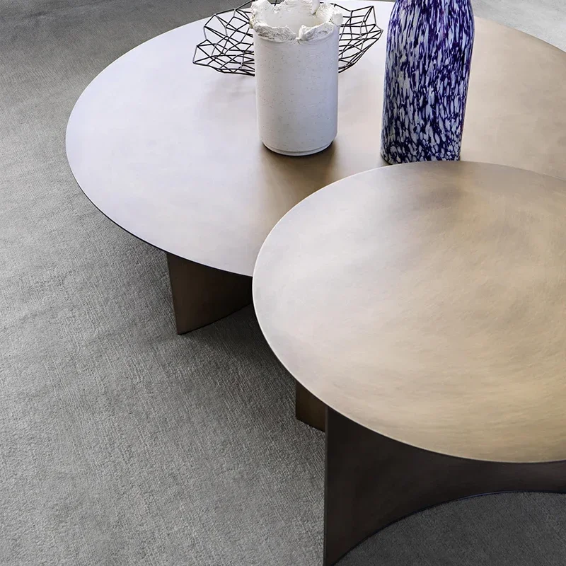 #V italian modern industrial iron metal side table round antique brass coffee table set for living room