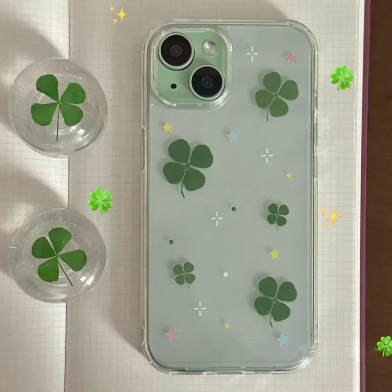 Cute Lucky Grass Clear Phone Case For iPhone 17 16 15 14 13 12 11 Pro Max Mini SE 7 8 Plus Air Y2K Shockproof Soft Cover Fundas