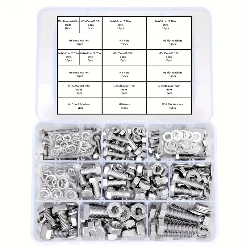 

Комплект оборудования из нержавеющей стали, 340 шт. — гайки и болты M6/M8/M10 с плоскими и стопорными шайбами, прочный металл 304 для домашнего ремонта и самостоятельного изготовления