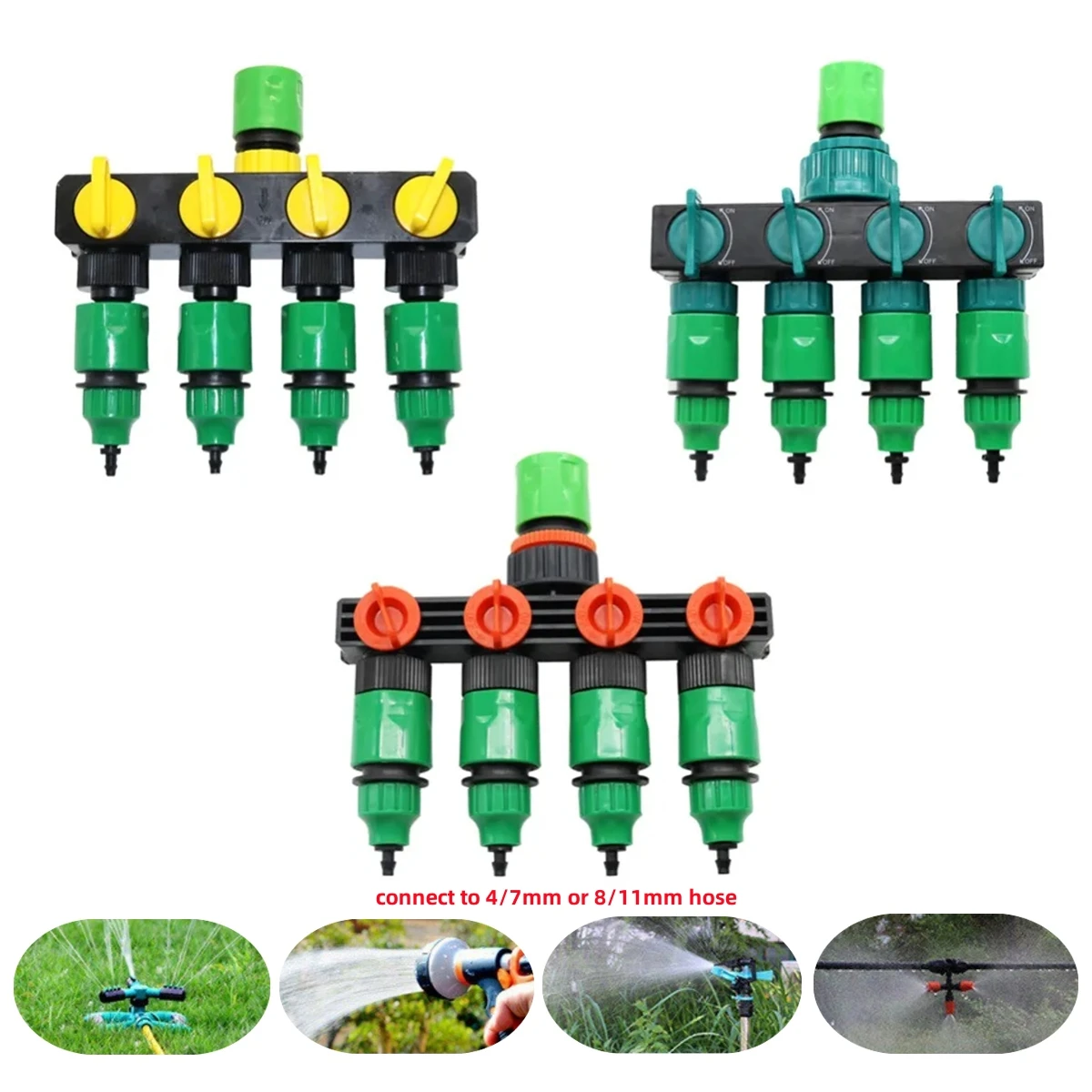 4/7mm ou 8/11mm mangueira jardim irrigação por gotejamento 1-em-4-out desviador de água 1/4 "3/8" tubo desviador de água 16mm conexão rápida 1 conjunto