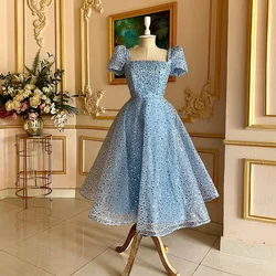 Sky Blue Formal Occasion Dresses 2024 Shinny Short Sleeves A-line Party Dress Exquisite Sequin Evening Gowns فساتين مناسبة رسمية