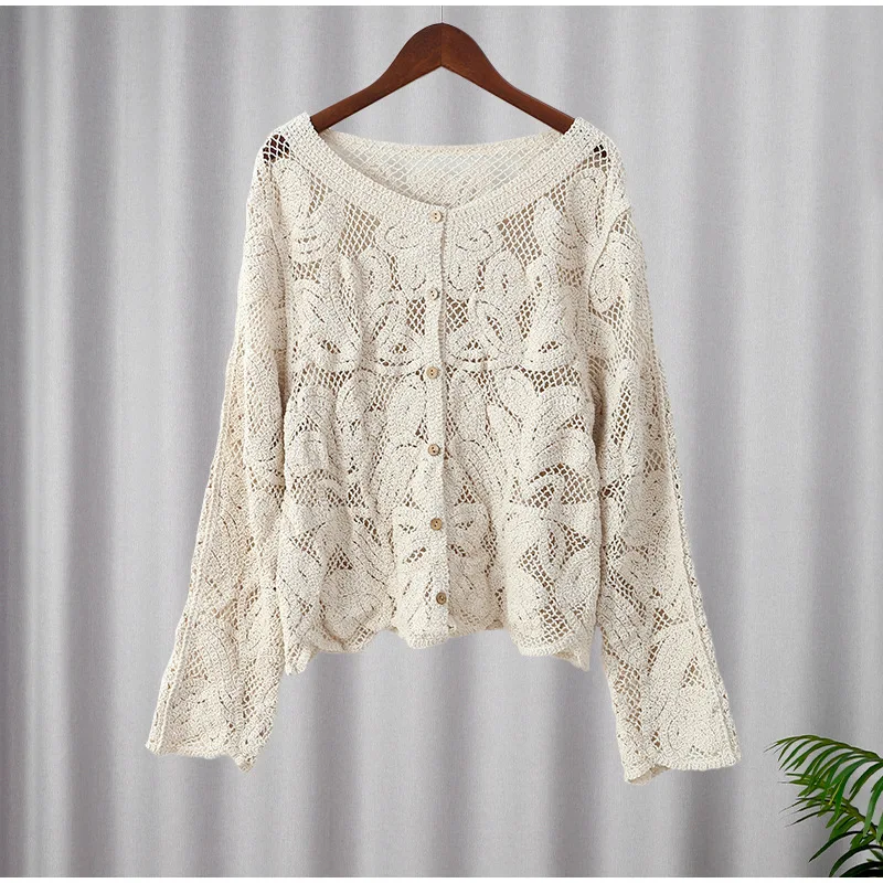 Women's Knit Shirt Cut-out Long Sleeve  O Neck Button Elegant 2024 Summer Vintage